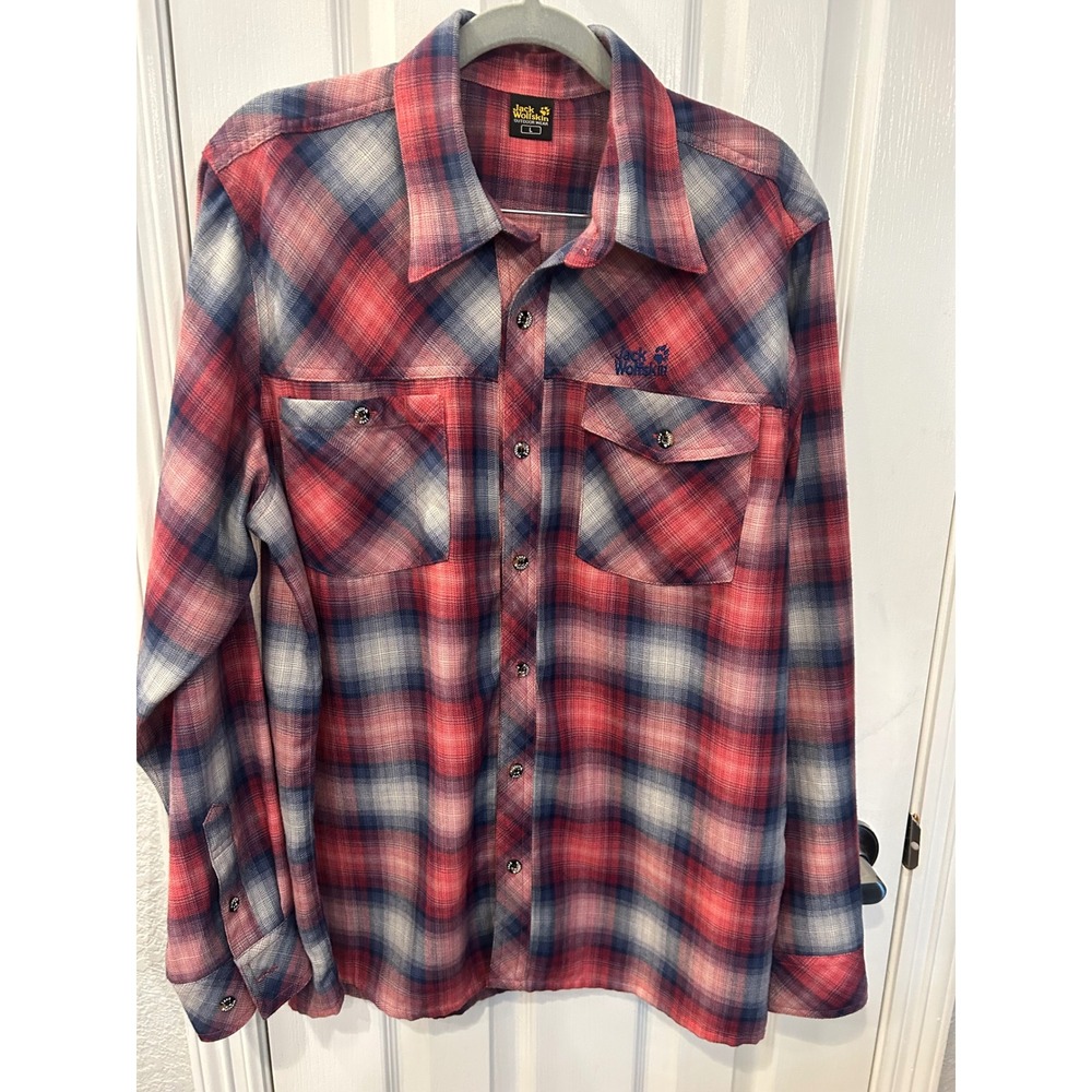 Jack‎ Wolfskin Button Down Shirt Red Blue Plaid Flannel Hiking Outdoor Mens L
